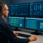Technicien en salle de contrôle surveillant les systèmes informatiques.