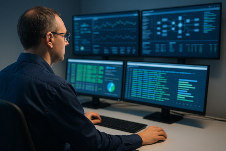 Technicien en salle de contrôle surveillant les systèmes informatiques.